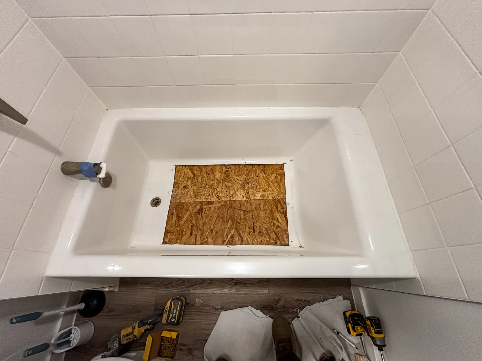 New deck set into the tub floor opening