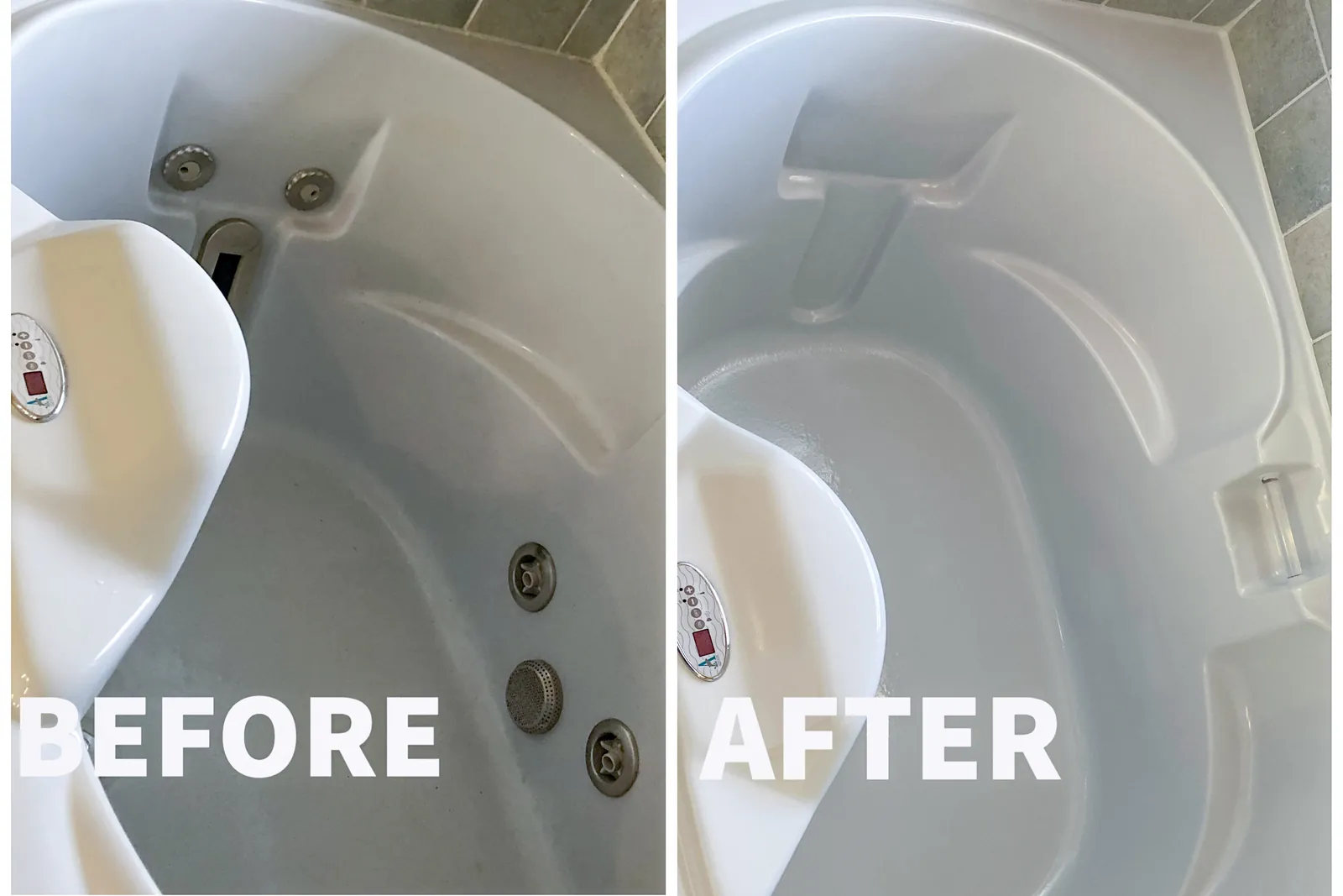 Whirlpool tub before and after refinishing, jets kept in place